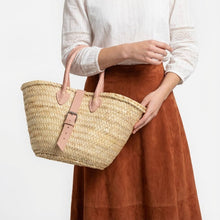 Load image into Gallery viewer, Mini French Market Basket Leather Buckle Straw Bag: Brown