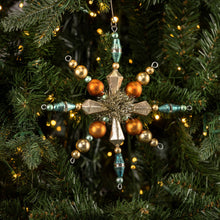 Load image into Gallery viewer, Blue &amp; Gold Beaded Glass Snowflake Ornament