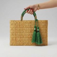 Load image into Gallery viewer, Woven Reed Market Basket w/ Green Leather Handles &amp; Tassels