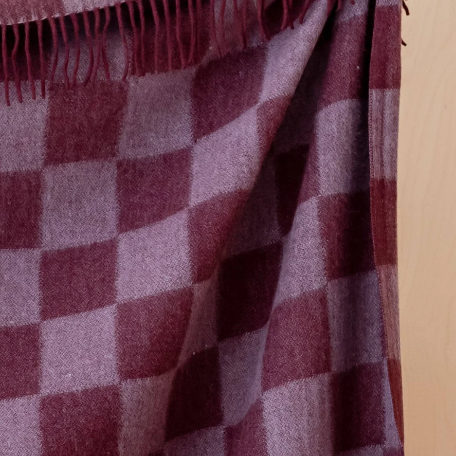 Recycled Wool Blanket in Burgundy & Lilac Checkerboard