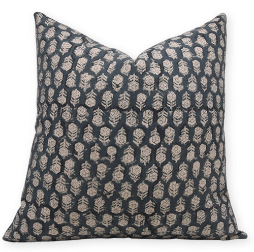 Hand Block Printed Canvas Pillow cover in Teal Blue