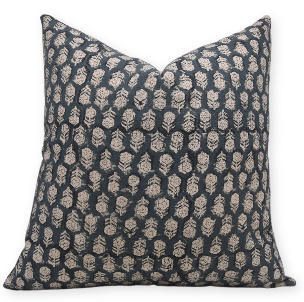Hand Block Printed Canvas Pillow cover in Teal Blue