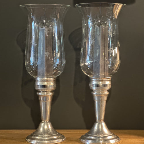 Pair of Sterling Silver Hurricane Lamps w/ Stars