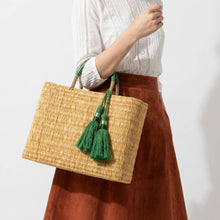 Load image into Gallery viewer, Woven Reed Market Basket w/ Green Leather Handles &amp; Tassels