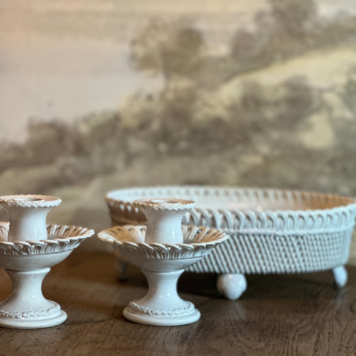 Vintage Italian Creamware Footed Bowl & Candlesticks