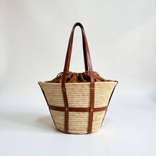 Load image into Gallery viewer, Luxury Woven Raffia Tote - Leather Strap Drawstring Shopper