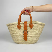 Load image into Gallery viewer, Mini French Market Basket Leather Buckle Straw Bag: Brown