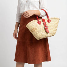 Load image into Gallery viewer, Mini French Market Basket Leather Buckle Straw Bag: Brown