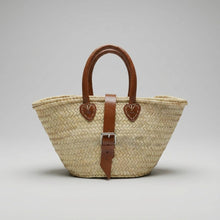 Load image into Gallery viewer, Mini French Market Basket Leather Buckle Straw Bag: Brown