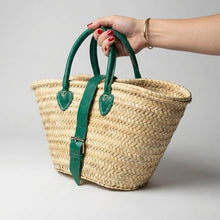 Load image into Gallery viewer, Mini French Market Basket Leather Buckle Straw Bag: Brown