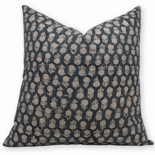 Hand Block Printed Canvas Pillow cover in Teal Blue