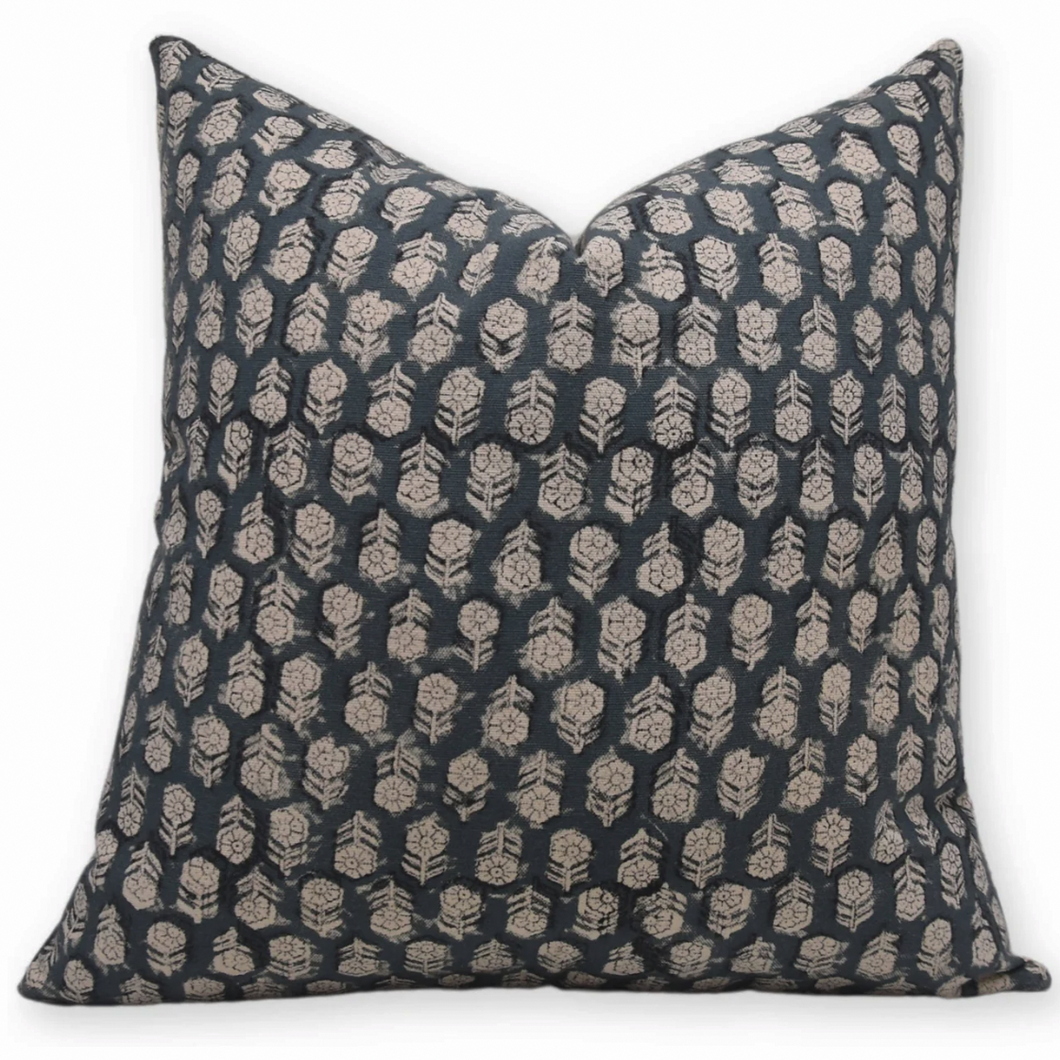Hand Block Printed Canvas Pillow cover in Teal Blue