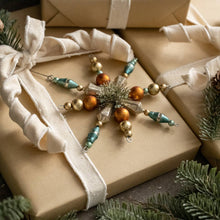 Load image into Gallery viewer, Blue &amp; Gold Beaded Glass Snowflake Ornament