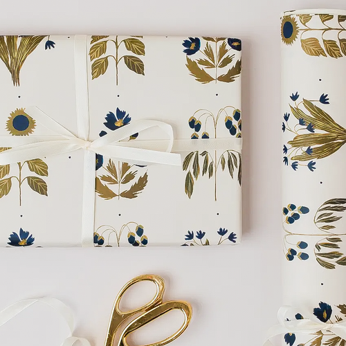 FLORAL OLIVE & BLUE BOTANICAL GIFT WRAP PAPER