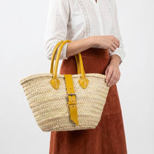 Load image into Gallery viewer, Mini French Market Basket Leather Buckle Straw Bag: Brown