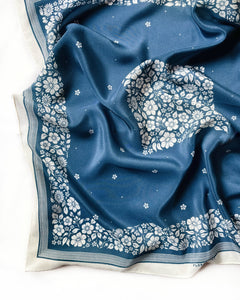 100% Silk Bandana Scarf in Floral China Blue