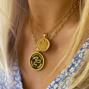 “Protect” Gold & Enamel Green Snake Coin Pendant Necklace