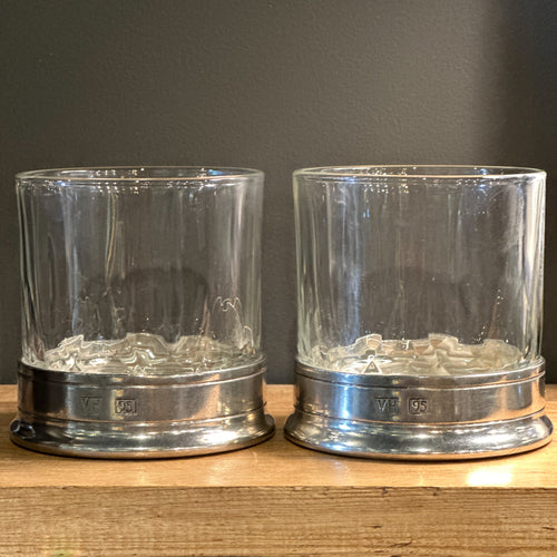 Fine Pewter Double Old-Fashioned Glasses w/ Hatched Glass