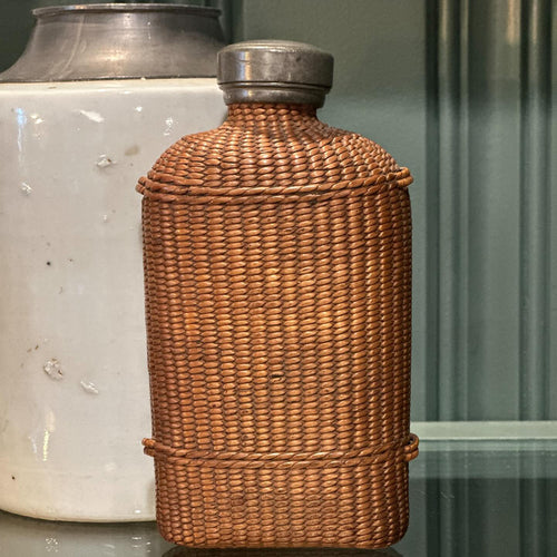 Antique Wicker Flask with Pewter Cap