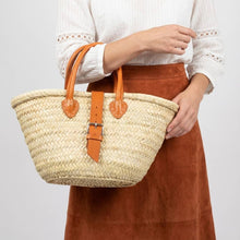 Load image into Gallery viewer, Mini French Market Basket Leather Buckle Straw Bag: Brown