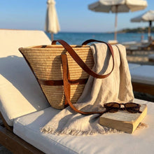 Load image into Gallery viewer, Luxury Woven Raffia Tote - Leather Strap Drawstring Shopper