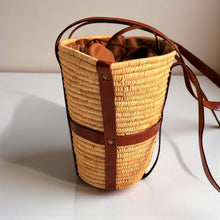 Load image into Gallery viewer, Luxury Woven Raffia Tote - Leather Strap Drawstring Shopper