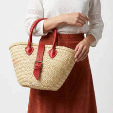 Load image into Gallery viewer, Mini French Market Basket Leather Buckle Straw Bag: Brown