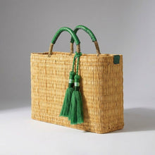 Load image into Gallery viewer, Woven Reed Market Basket w/ Green Leather Handles &amp; Tassels