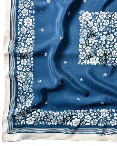100% Silk Bandana Scarf in Floral China Blue