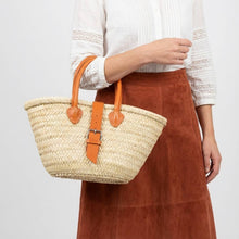 Load image into Gallery viewer, Mini French Market Basket Leather Buckle Straw Bag: Brown