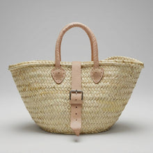 Load image into Gallery viewer, Mini French Market Basket Leather Buckle Straw Bag: Brown