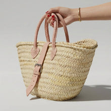 Load image into Gallery viewer, Mini French Market Basket Leather Buckle Straw Bag: Brown