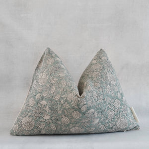 Indian Hand Block Linen Pillow Cover in Faded Green Throw: 14 in X 20 in